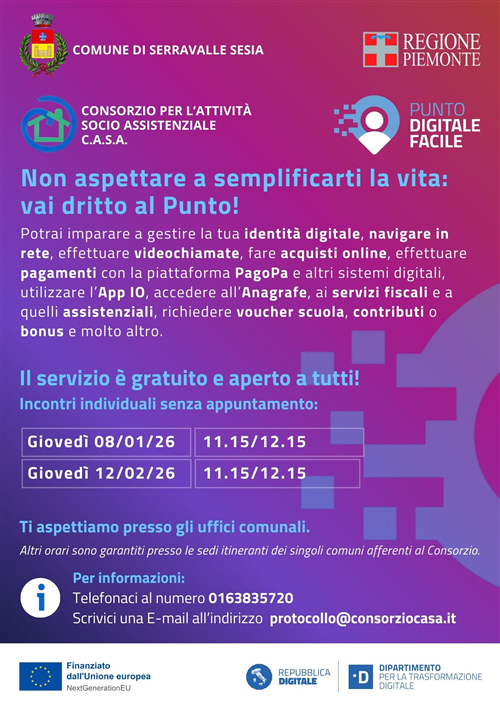 Il Comune di Serravalle Sesia e il Consorzio C.A.S.A. di Gattinara vi aspettano al Punto Digitale Facile