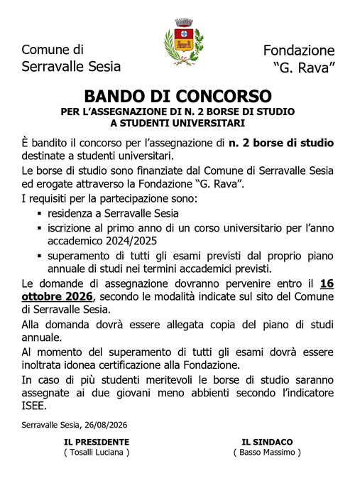 Bando di Concorso per l'assegnazione di n. 2 borse di studio a studenti universitari