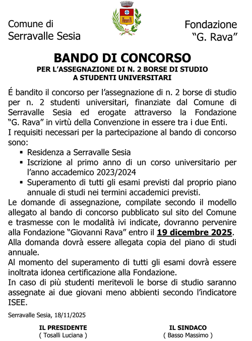Bando di Concorso per l'assegnazione di n. 2 borse di studio a studenti universitari