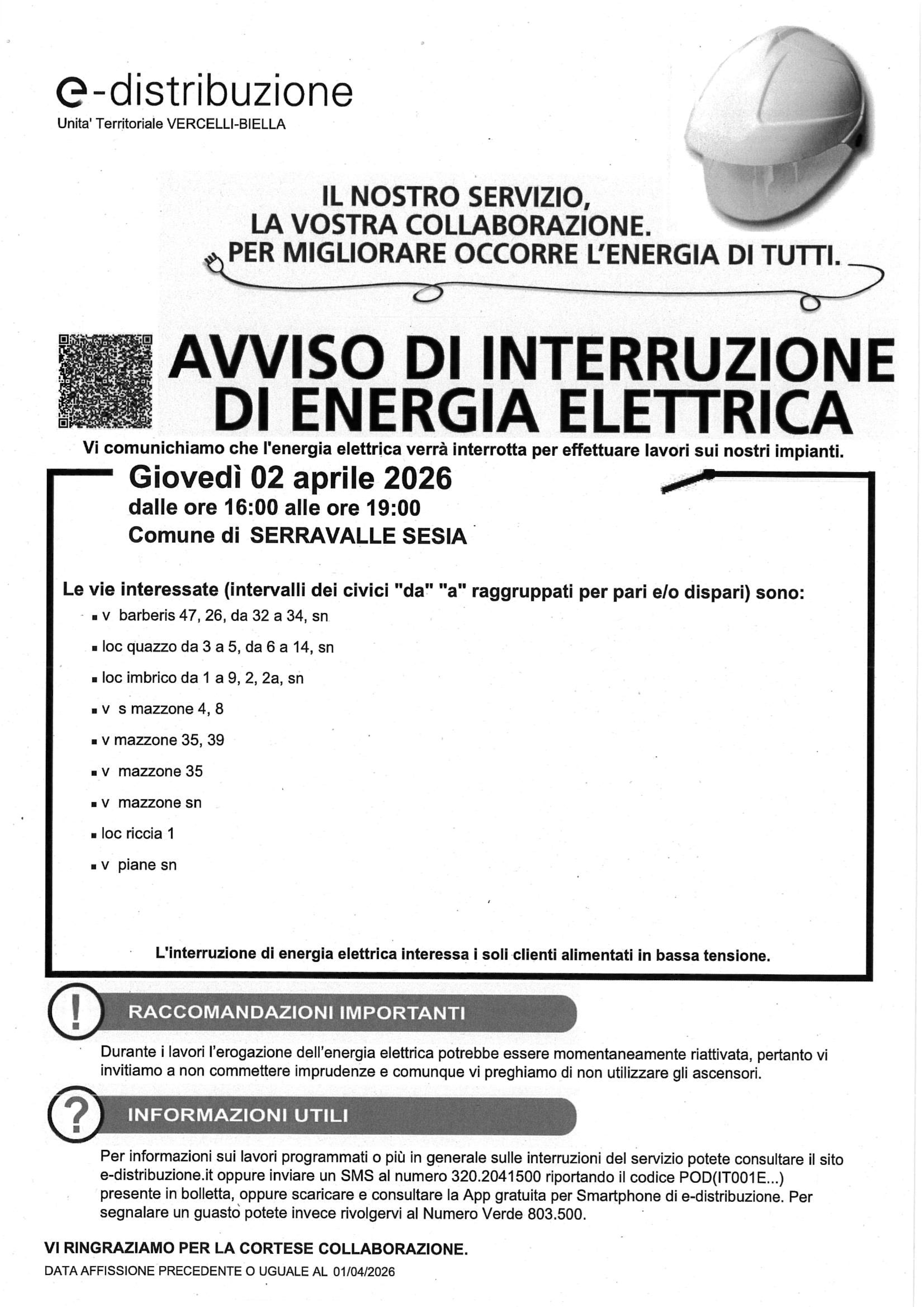 ATENZIONE - Avviso di interruzione di energia elettrica - Giovedì 02/04/2026