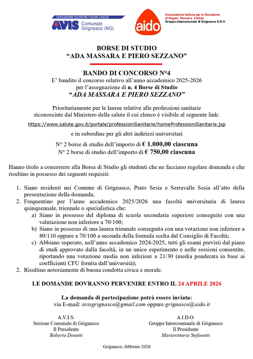 Bando di concorso per l'assegnazione di 4 Borse di Studio "Ada Massara e Pietro Sezzano"